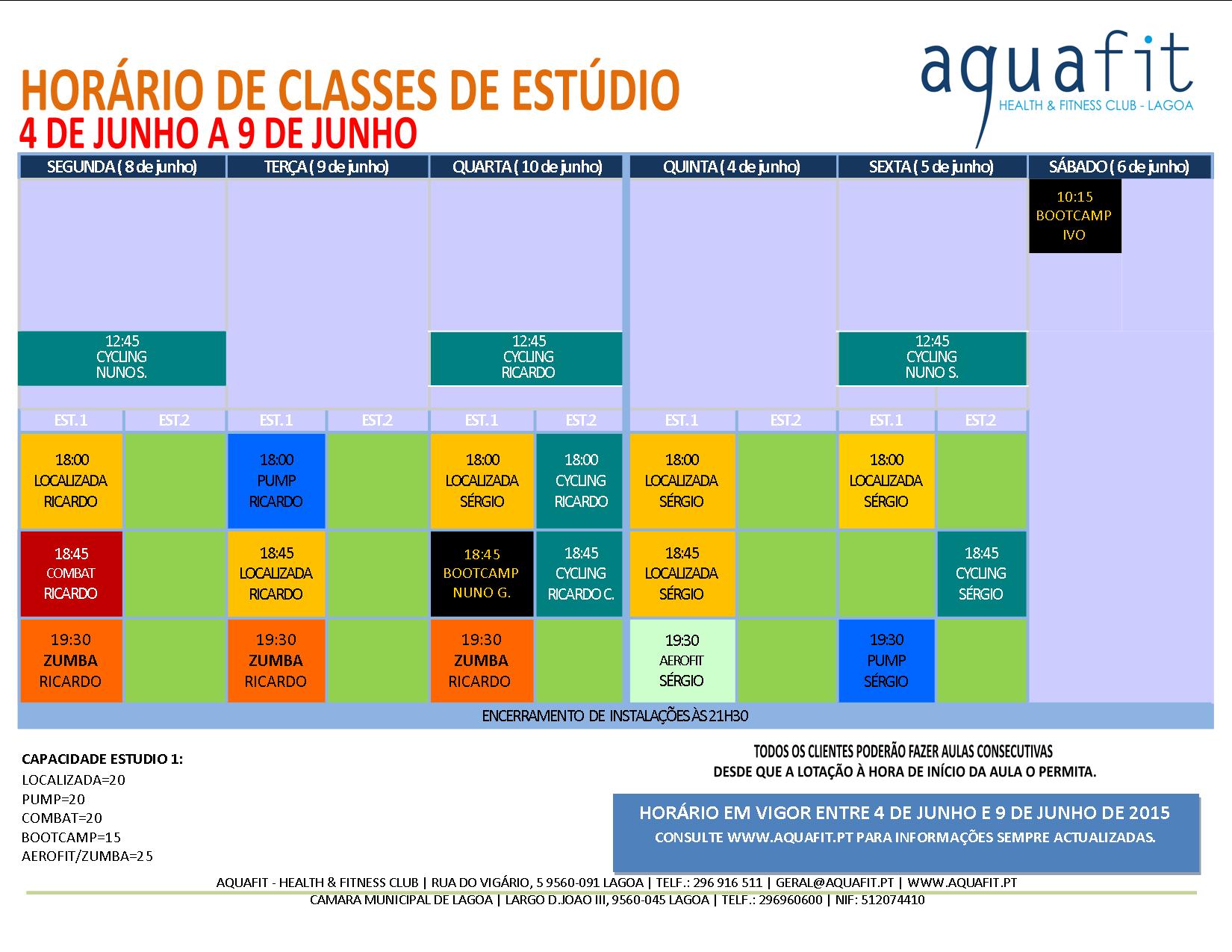 Horario estudio de 4 a 9 de junho