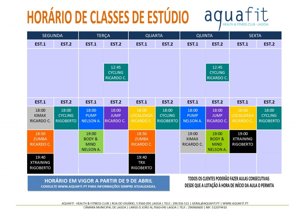 HORÁRIOS 2017-2018 - estúdios - A PARTIR DE 9 Abril