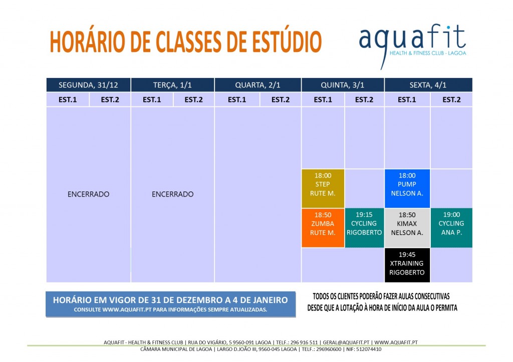 HORÁRIOS 2018-2019 - estúdios - 31 DEZ A 4 JAN