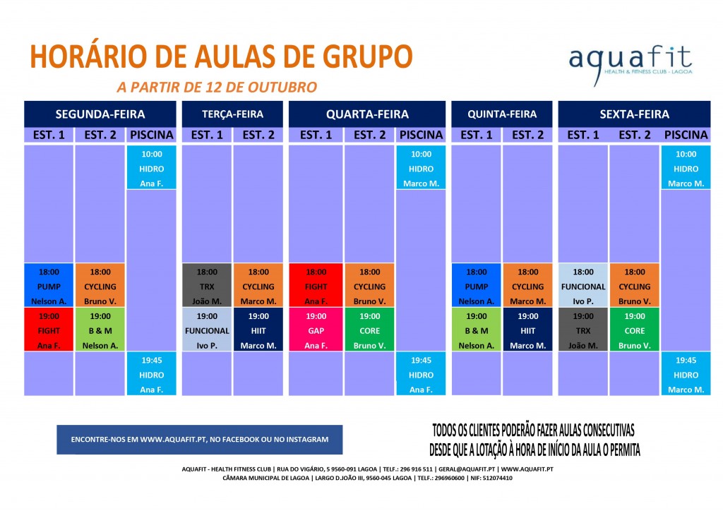 Horário - Aulas de grupo - 2020.2021 - a partir 12 OUTUBRO
