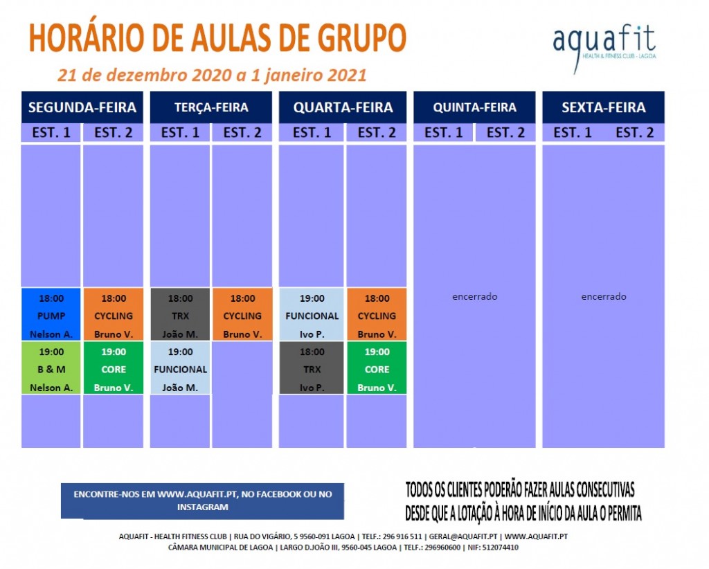 Horário estúdios - 21 dez 20 a 1 jan 21