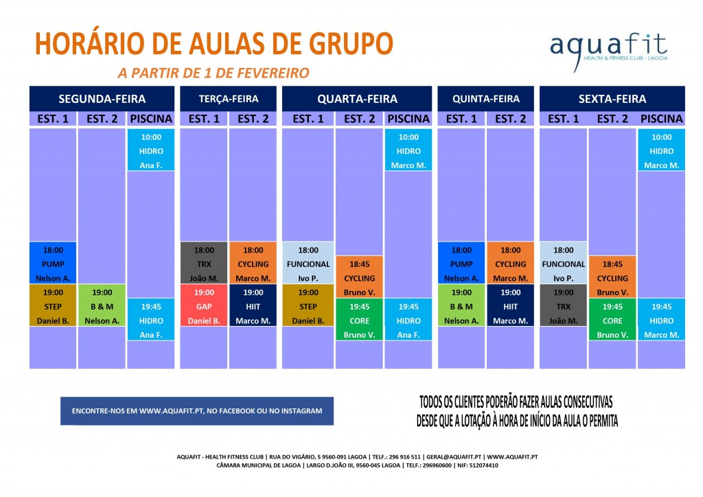 HORÁRIO AULAS DE GRUPO - A PARTIR DE 1 FEVEREIRO